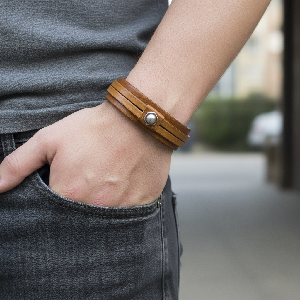Bracciale Uomo Doppia Fascia Cuoio